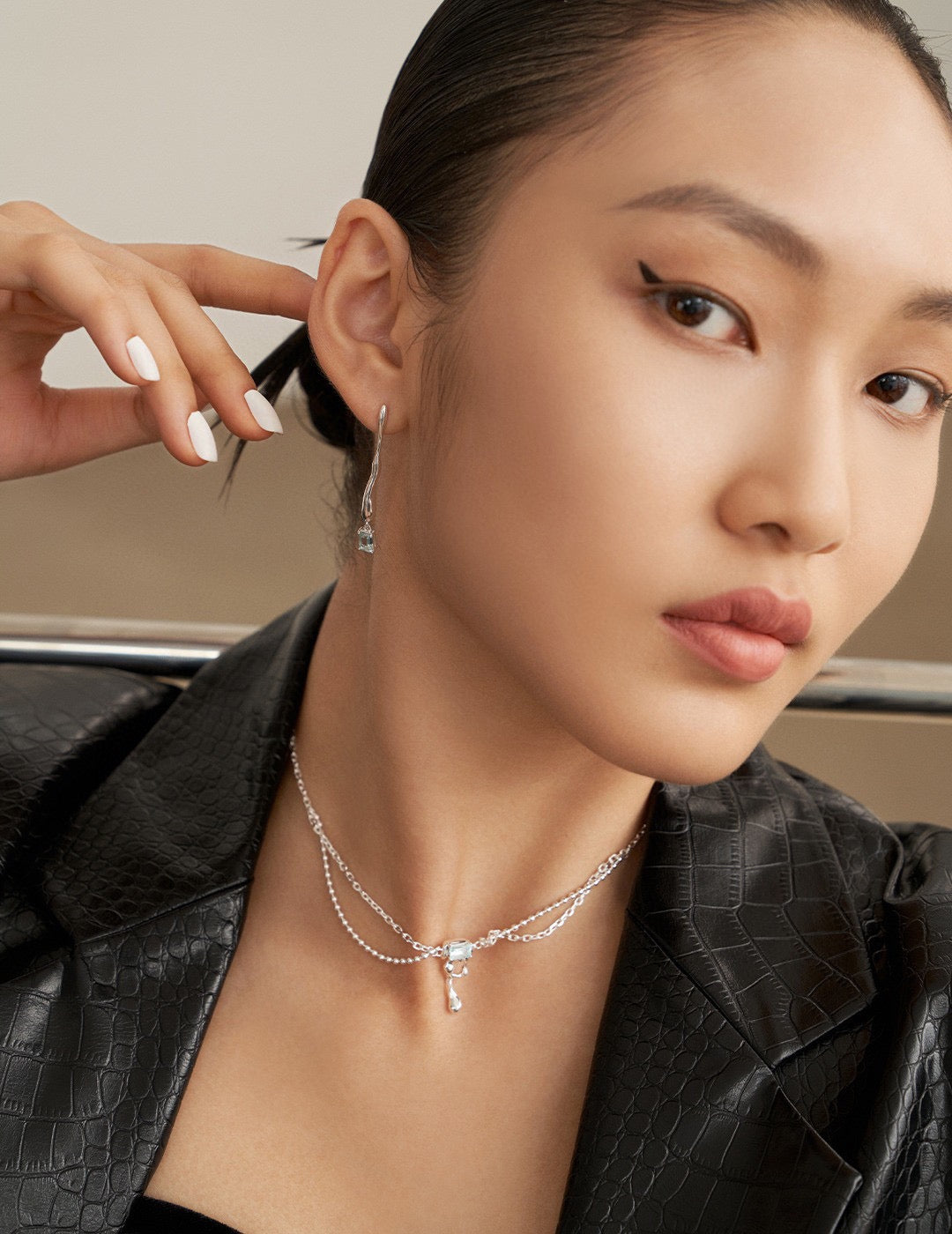 Liquid Series-Sterling Silver Asymmetric Earring with Natural Topaz