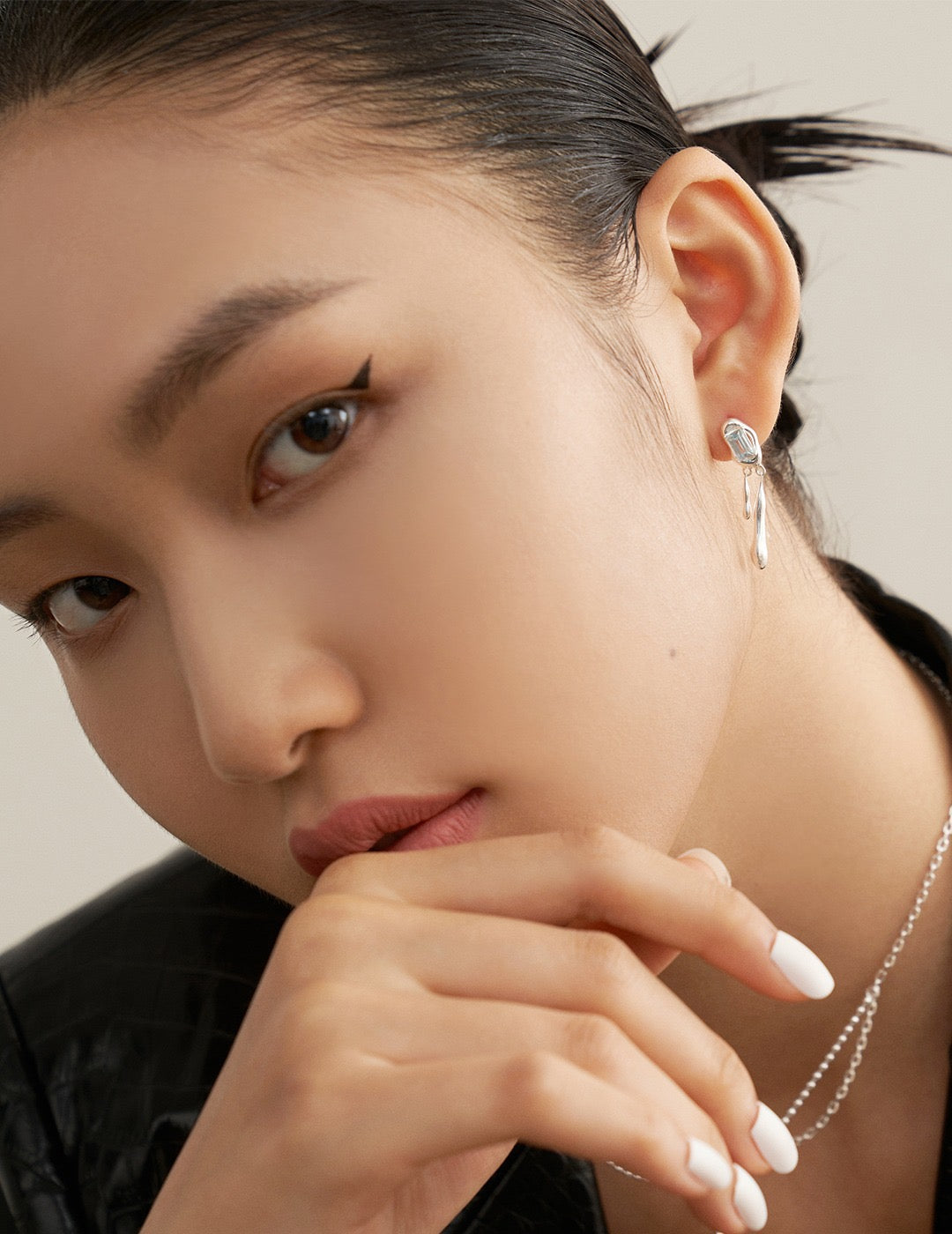 Liquid Series-Sterling Silver Asymmetric Earring with Natural Topaz