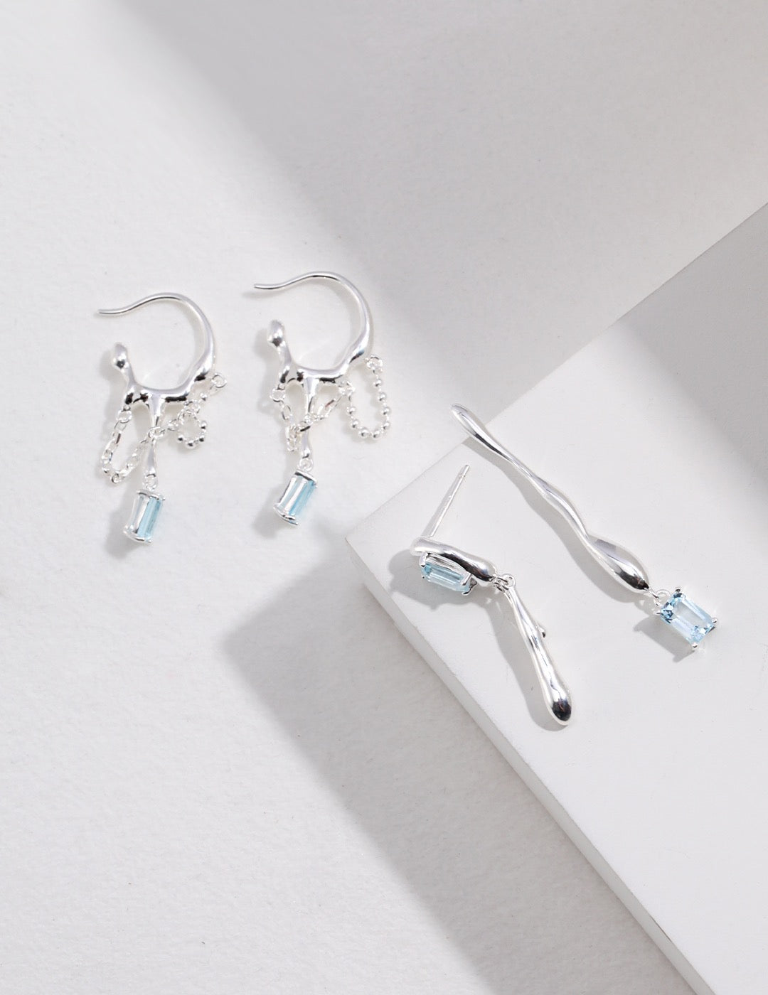 Liquid Series-Sterling Silver Asymmetric Earring with Natural Topaz