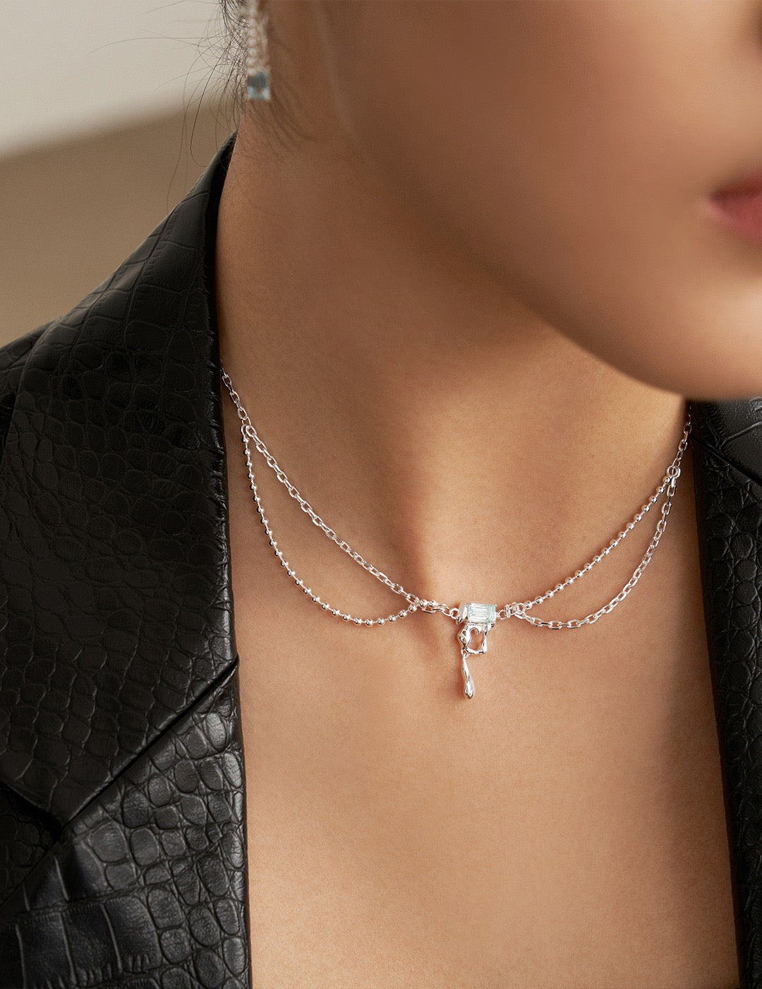 Liquid Series-Sterling Silver Asymmetric Earring with Natural Topaz